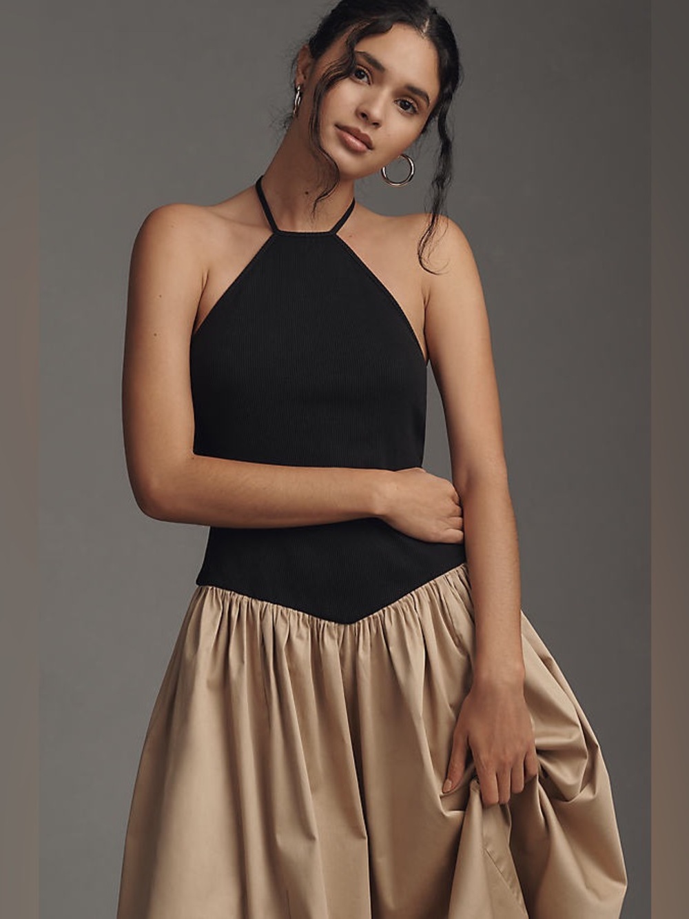 Maeve Halter Basque-Waist Twofer Midi Dress
